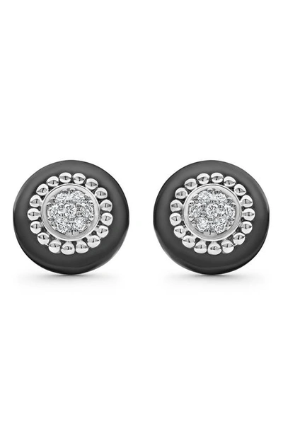 Lagos Sterling Silver Diamond & Black Ceramic Stud Earrings