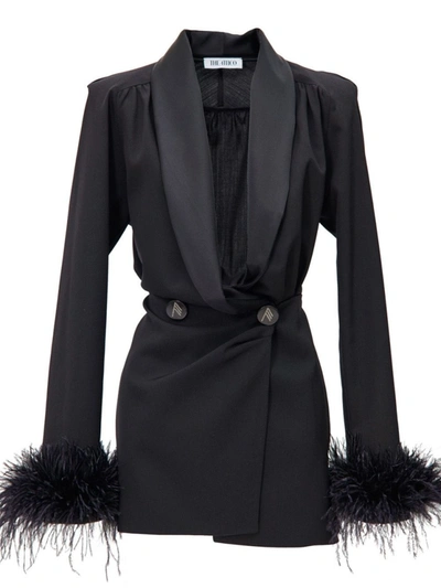 Attico Black Feathered Cuff Mini Dress