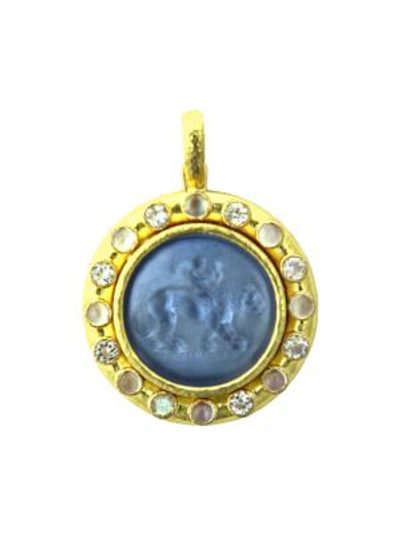 Elizabeth Locke Venetian Glass Intaglio 19k Yellow Gold & Moonstone Cerulean 'cupid Riding Lion' Pendant In Blue Gold