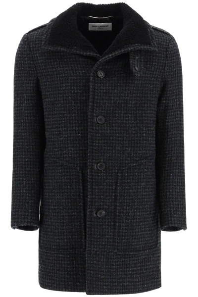Saint Laurent Wool And Shearling Coat In Black,grey