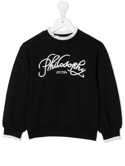 Philosophy Di Lorenzo Serafini Kids' Logo Embroidered Cotton Blend Sweatshirt In Black