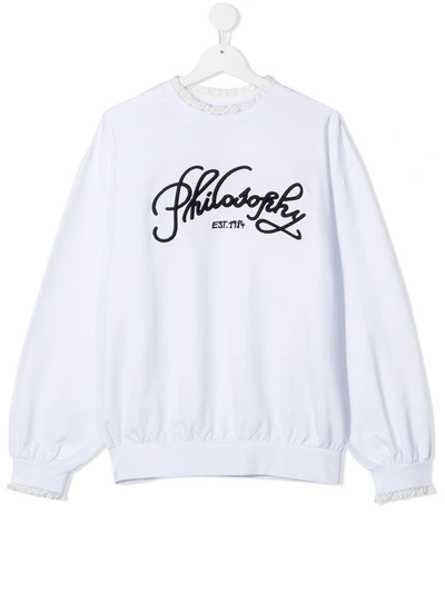 Philosophy Di Lorenzo Serafini Kids' Logo Embroidered Cotton Blend Sweatshirt In White