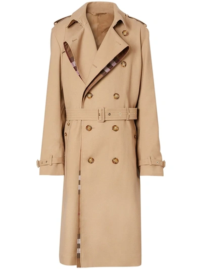 Burberry Wool Silk And House Check Loop-back Trench Coat In Neutrals