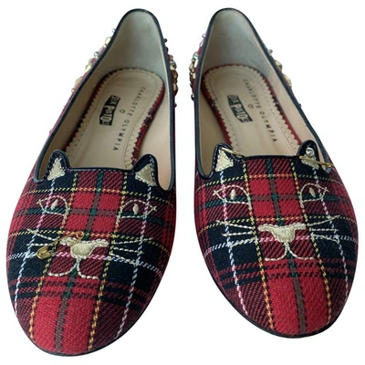 Pre-owned Charlotte Olympia Kitty Tweed Ballet Flats In Red