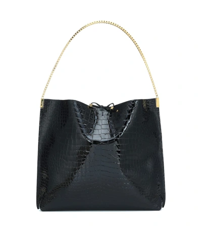 Saint Laurent Medium Suzanne Croc-embossed Leather Hobo Bag In Black