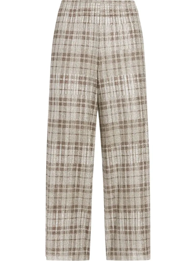 Alice And Olivia Elba Cropped Checked Metallic Stretch-knit Wide-leg Pants In Silver