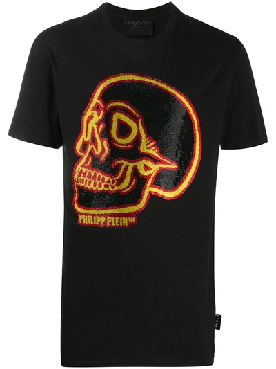 Philipp Plein Crystal Outline Skull Black T-shirt In Multicolor
