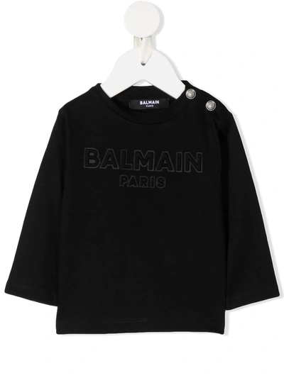 Balmain Babies' Black Shirt With Frontal Logo And Buttons In Nera