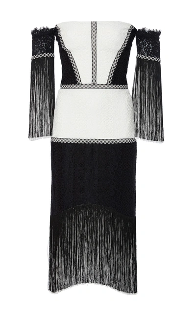 Alexis Antoinette Embroidered Fringed Midi Dress, Black/white