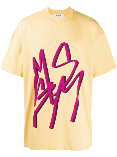 Msgm Logo Print Cotton T-shirt In Yellow