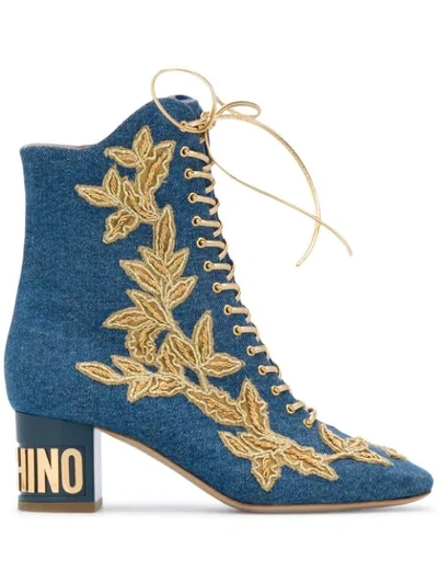 Moschino Denim Lace-up Boots In Blue