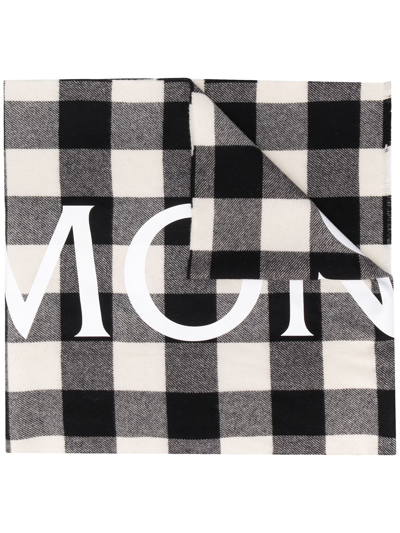 Moncler Logo Print Checked Scarf In Open White