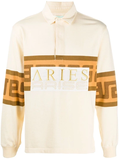 Aries Meandros Logo Detail Stretch Cotton Polo Shirt In Neutrals