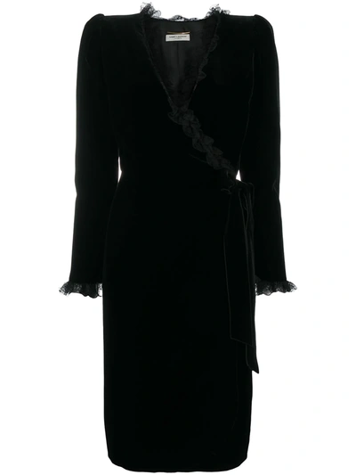 Saint Laurent Women's Lace-trimmed Velvet Wrap Dress In Black