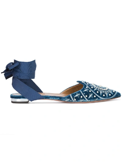 Aquazzura Stellar Embellished Velvet Ankle-wrap Flat, Blue