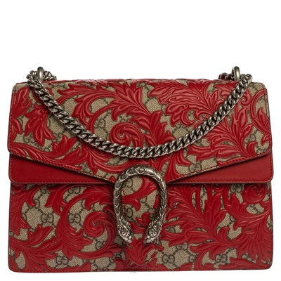 Pre-owned Gucci Red Gg Supreme Canvas And Leather Medium Dionysus Arabesque Shoulder Bag
