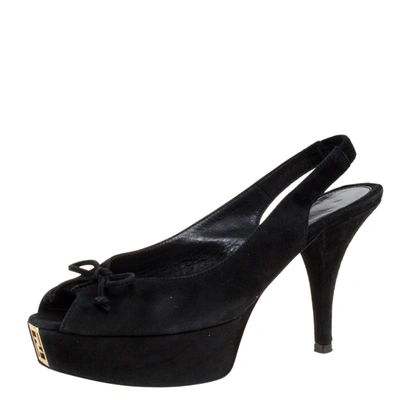 Pre-owned Fendi Sta Bow Slingback Peep Toe Platform Sandals Size 38.5 In Black