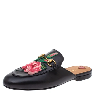 Pre-owned Gucci Black Leather Princetown Flower Embroidered Flat Mules Size 37
