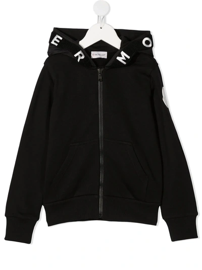 Moncler Kids' Logo Trim Zipped Hoodie In Black