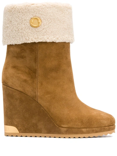 Moncler W Short Faux Shearling Lined Wedge Bootie In Brown
