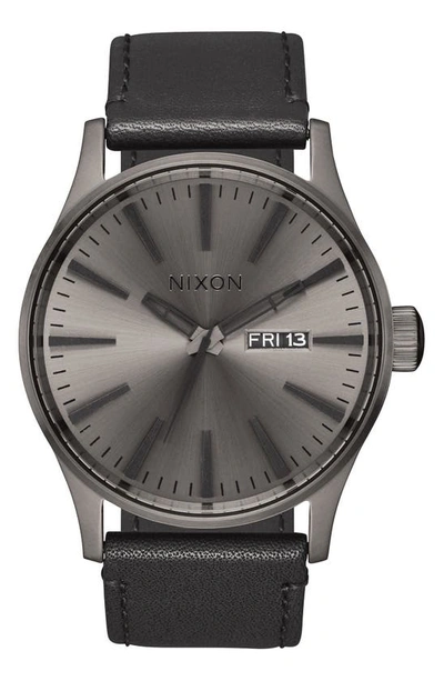 Nixon The Sentry Leather Strap Watch, 42mm In Black/ Gunmetal