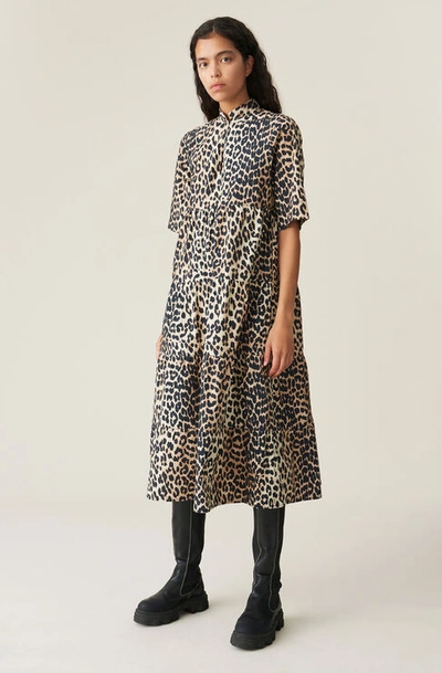 Ganni Printed Cotton Poplin Midi Dress In Leopard