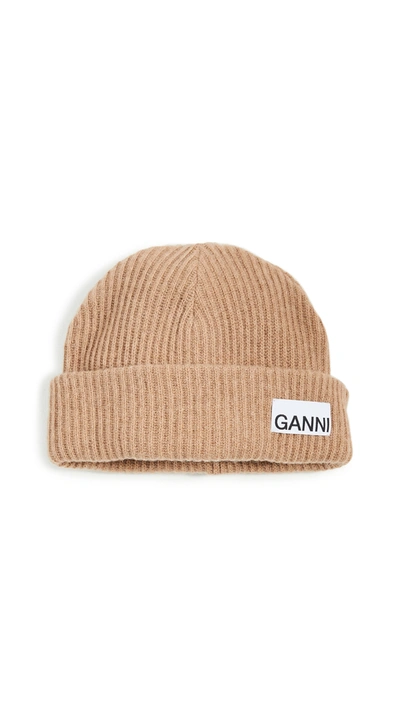 Ganni Structured Rib Knit Wool Blend Beanie In Brazilian Sand