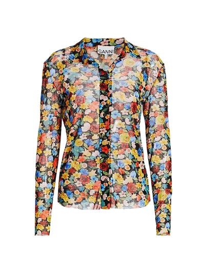 Ganni Women's Floral Mesh Shirt In Multicolour