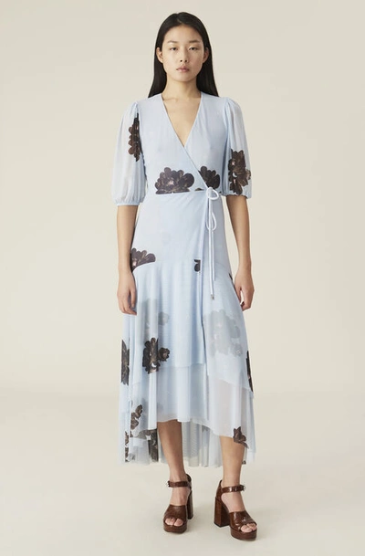 Ganni Printed Mesh Wrap Dress In Heather