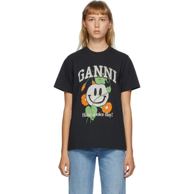 Ganni Short Sleeved Basic Cotton Jersey T-shirt, Smiley Flower, Phantom In Phantom