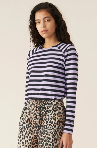 Ganni Striped Cotton Jersey Pullover In Violet Tulip