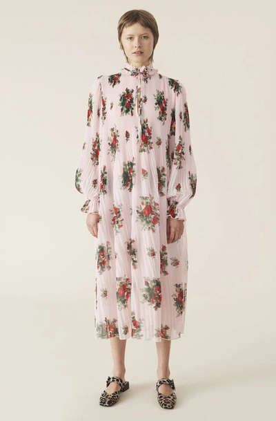Ganni Pleated Georgette Midi Dress Cherry Blossom Size 38