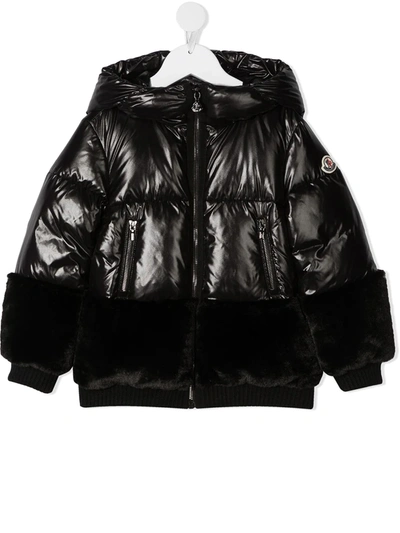 Moncler Kids' Fur-panel Coat In Black