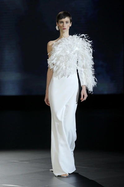 Isabel Sanchis Caorso One Shoulder Feathered Gown