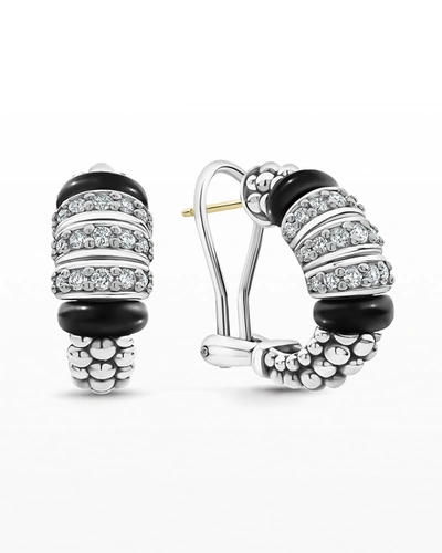 Lagos Sterling Silver Black Caviar Diamond & Black Ceramic Omega Back Earrings