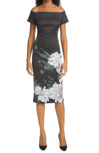 Ted Baker Peony Clove Floral Bardot Body-conscious Midi Dress-black