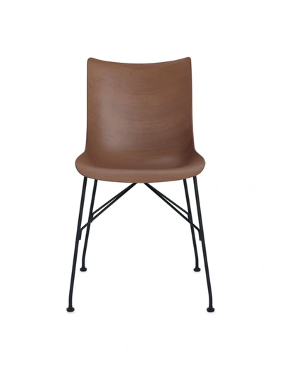 Kartell P Basic Veneer Dining Chair In Dark Wood/painted Steel Legs