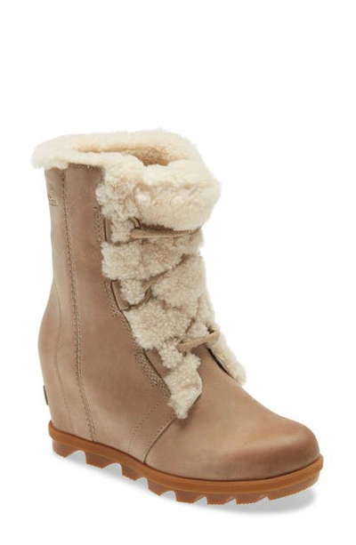 Sorel Joan Of Arctic Wedge Ii Shearling-trim Lug Sole Booties Women's Shoes In Sandy Tan Leather