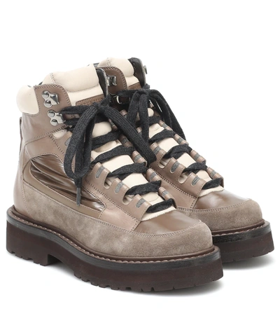 Brunello Cucinelli Lug-sole Metallic Leather & Suede Hiking Boots In White