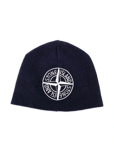 Stone Island Kids' Embroidered Logo Beanie In Blue