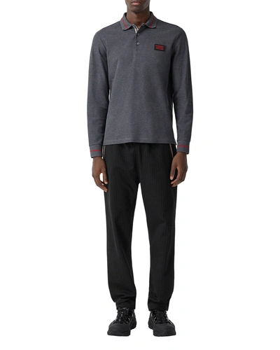 Burberry Men's Grenford Long-sleeve Polo Shirt W/ Logo Patch In Mid Grey Melange