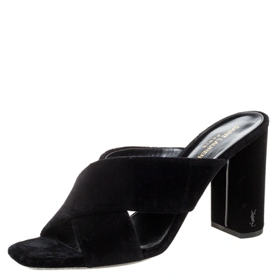 Pre-owned Saint Laurent Paris Black Velvet Loulou Cross Strap Sandals Size 41