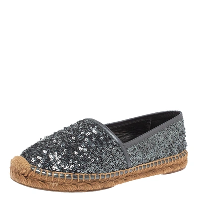 Pre-owned Dolce & Gabbana Metallic Grey Sequin Espadrille Flats Size 36