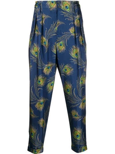 Dolce & Gabbana Silk Trousers With Peacock Pattern In Blue