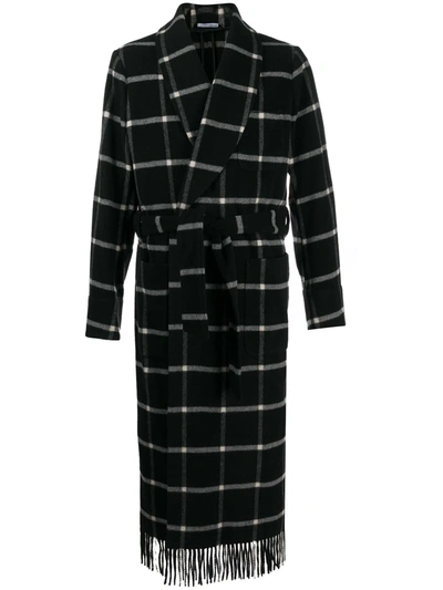 Dolce & Gabbana Robe Coat With Check Pattern And Fringed Hem In Black