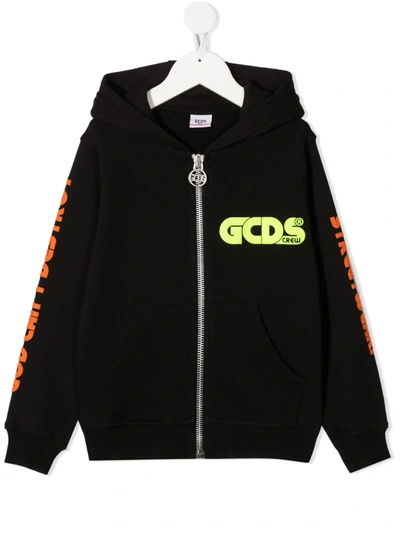 Gcds Kids' Graphic-print Zipped Hoodie In Black