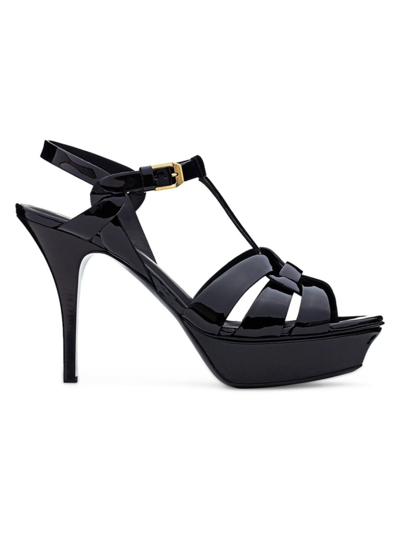 Saint Laurent Black Patent Leather Tribute Sandals With Plateau In Nero