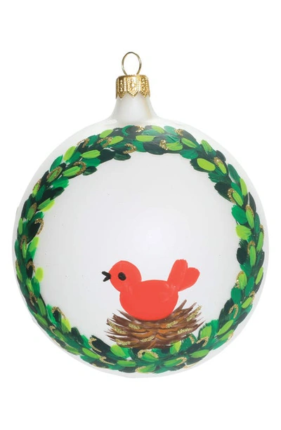 Vietri Bird With Wreath Ornament In Red