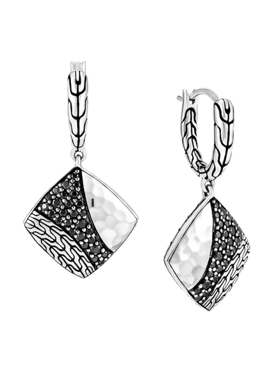 John Hardy Sterling Silver Classic Black Sapphire & Black Spinel Chain Hammered Square Drop Earrings