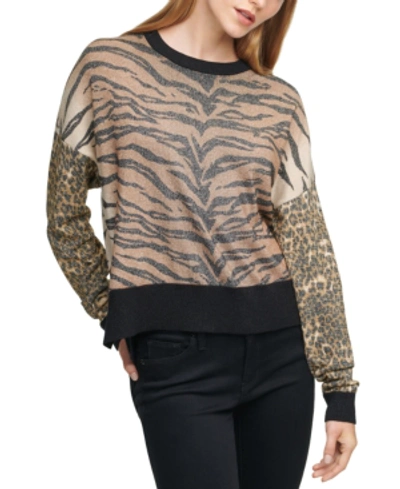 Dkny Mixed Animal Print Sweater In Black/camen